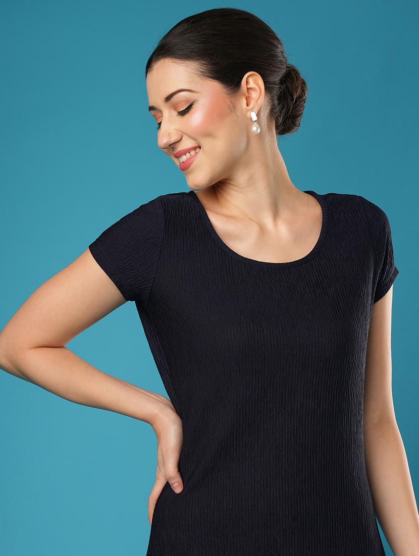 globus women navy blue round neck short sleeves knitted self textured workwear sheath dress - 21393581 - Standard Image - 4
