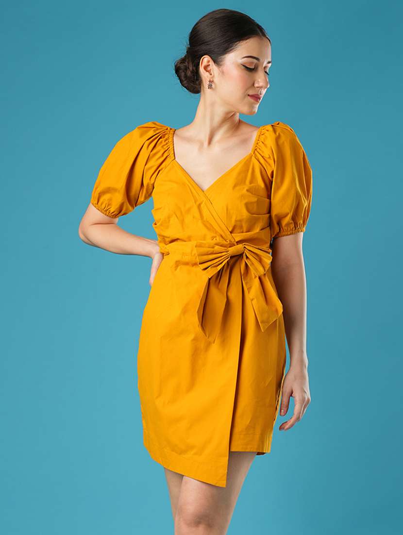globus women mustard wrap neck puff sleeves bow detail waist tie-up mini bodycon dress - 21393582 - Zoom Image - 0