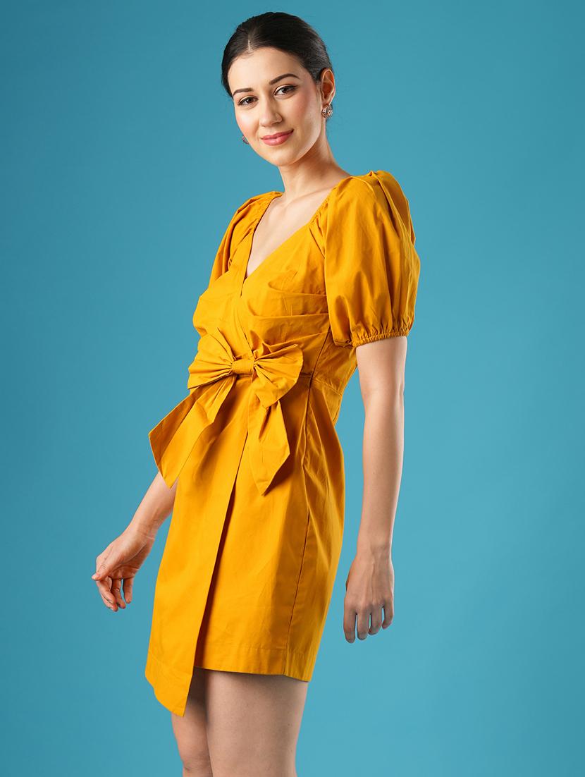 globus women mustard wrap neck puff sleeves bow detail waist tie-up mini bodycon dress - 21393582 - Standard Image - 1