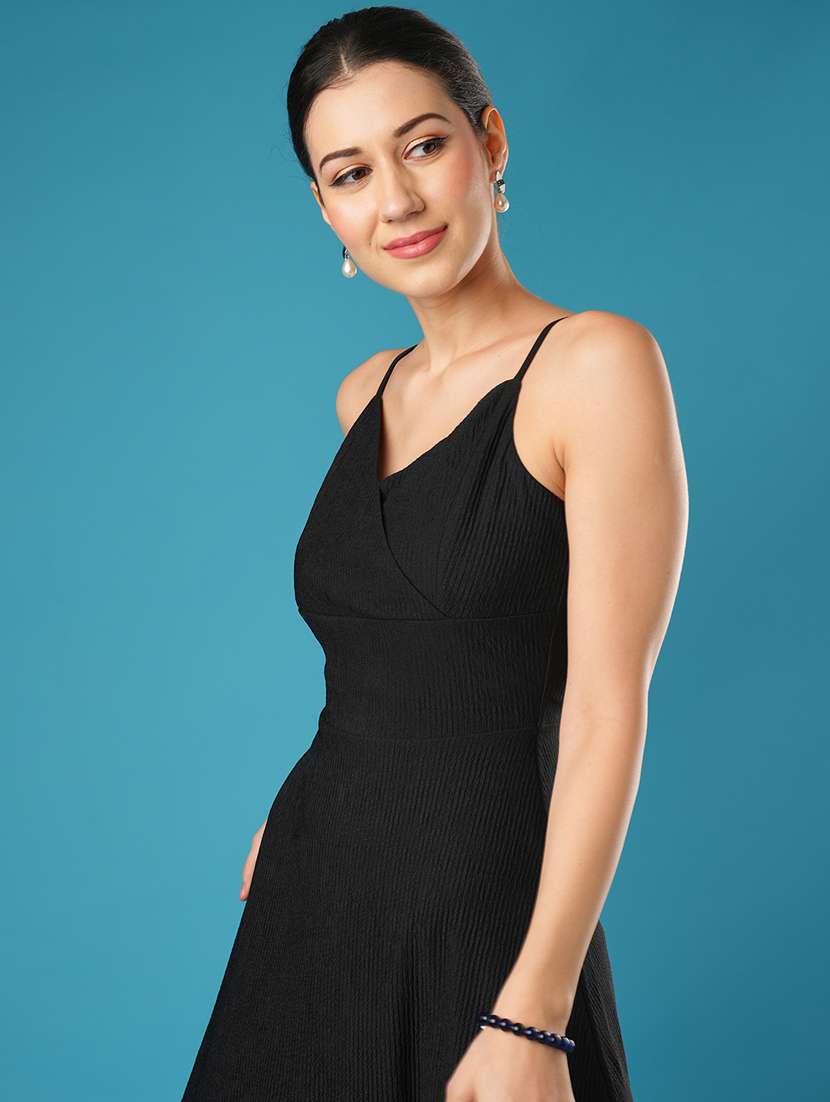 globus women black self textured stretchable v-neck adjustable shoulder straps fit & flare party dress - 21393583 -  Standard Image - 4