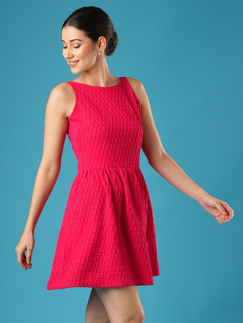 globus women pink structured fabric boat neck with stylised back gathered fit & flare party dress - 21393588 -  Standard Image - 1