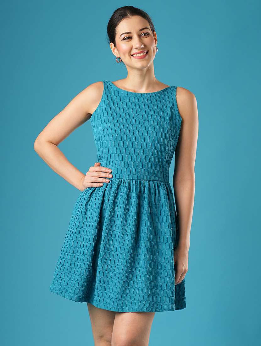 globus women blue structured fabric boat neck with stylised back gathered fit & flare party dress