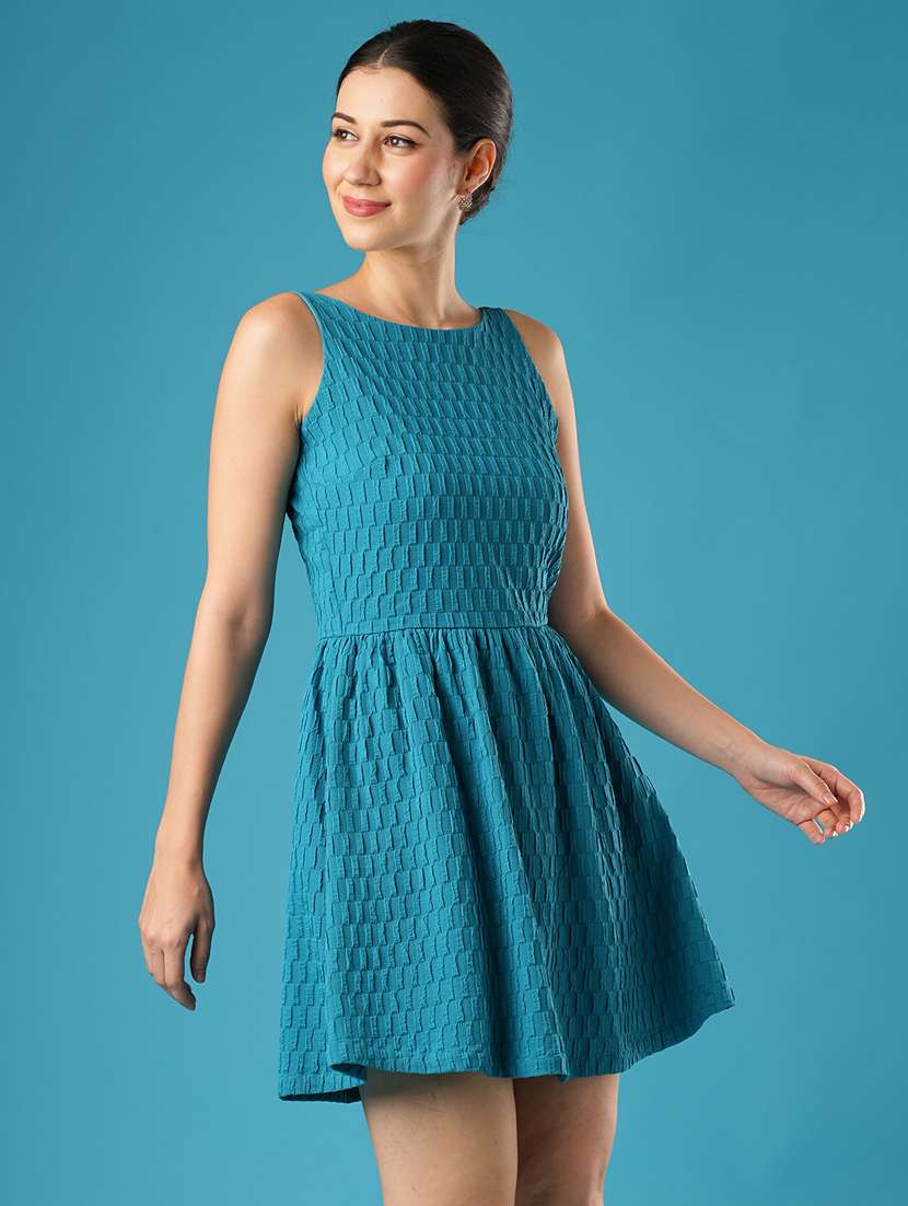 globus women blue structured fabric boat neck with stylised back gathered fit & flare party dress - 21393589 -  Standard Image - 1