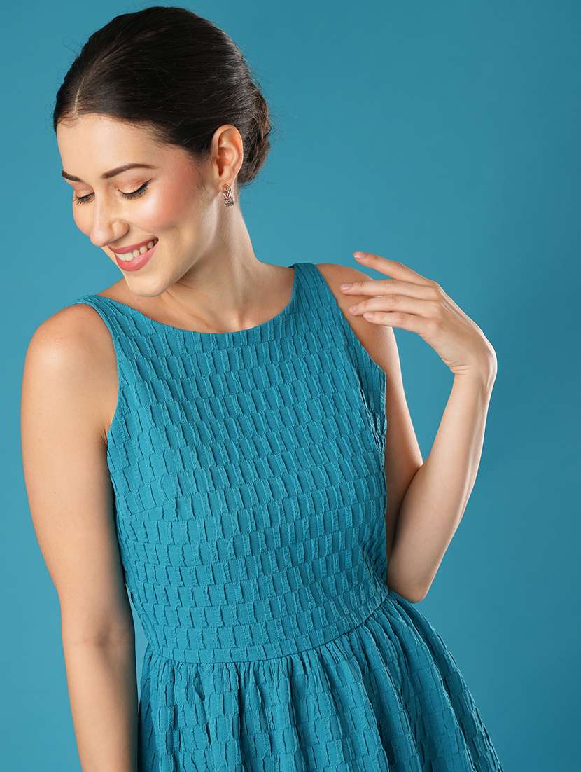 globus women blue structured fabric boat neck with stylised back gathered fit & flare party dress - 21393589 -  Standard Image - 4