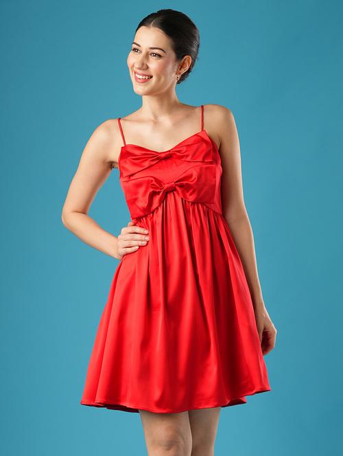 globus women red sweetheart neck shoulder straps bow detail gathered a-line party dress - 21393590 -  Standard Image - 0