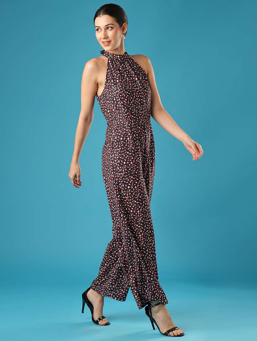 globus women black abstract printed tie-up halter neck wide leg workwear jumpsuit - 21393592 -  Standard Image - 1