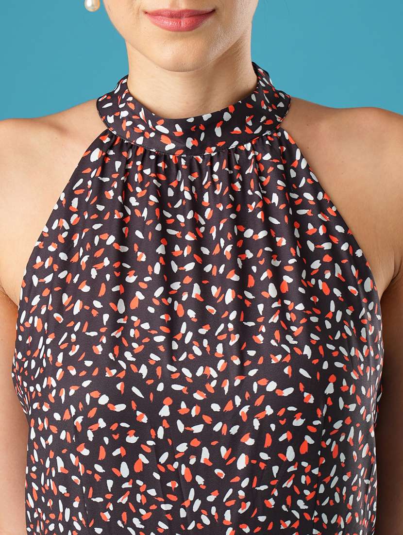 globus women black abstract printed tie-up halter neck wide leg workwear jumpsuit - 21393592 -  Standard Image - 4