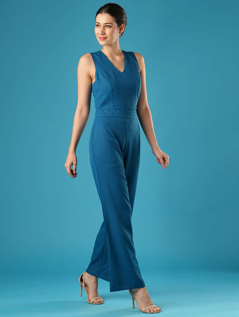 globus women teal v-neck stylised back wide leg workwear jumpsuit - 21393595 -  Standard Image - 1