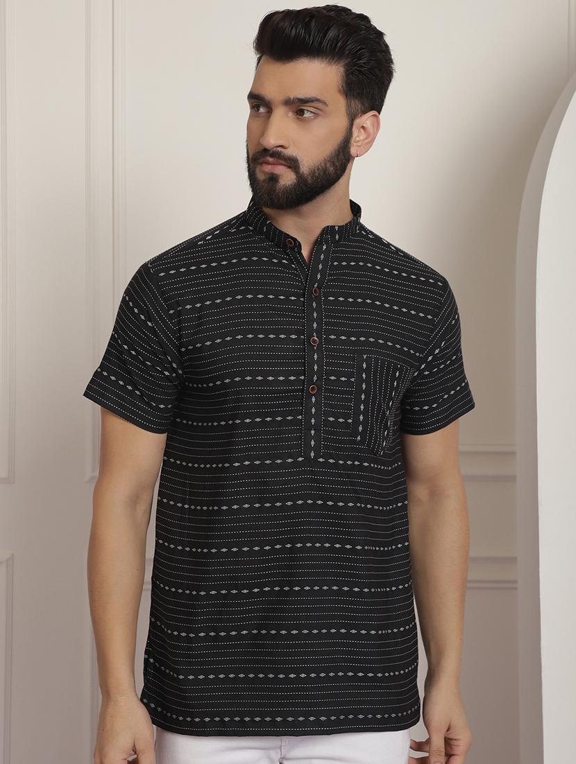 men mandarin neck printed short kurta