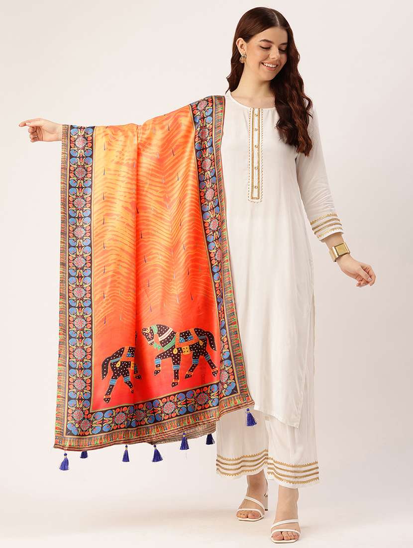 women orange self design dupatta