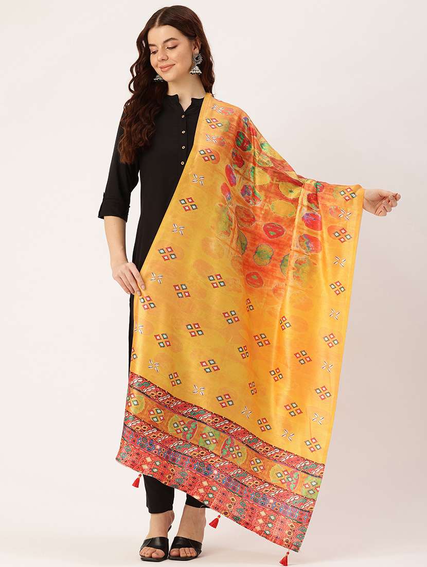sangam prints yellow cotton printed traditional tassel dupatta