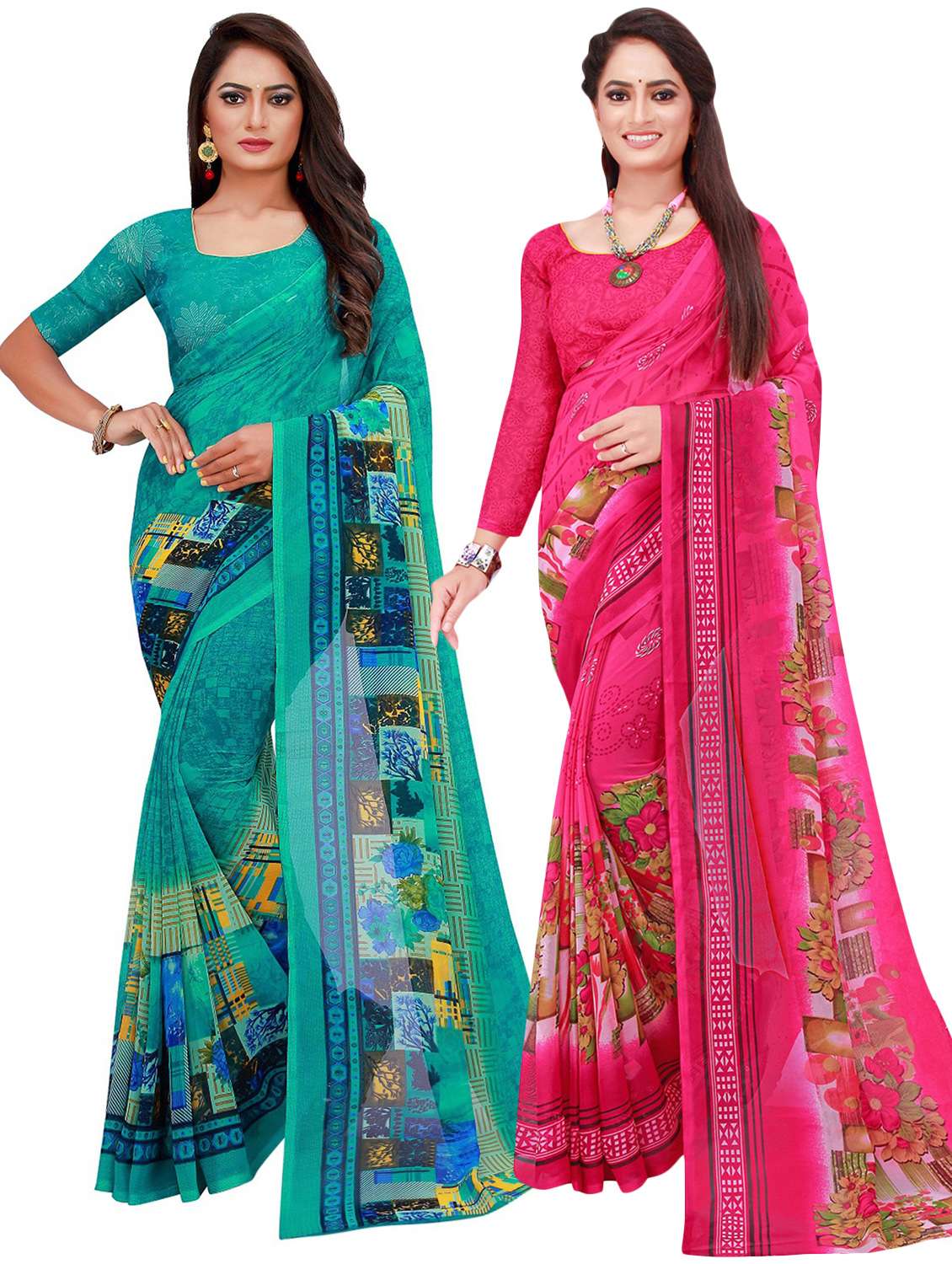 pack of 2 printed casual wear saree with blouse