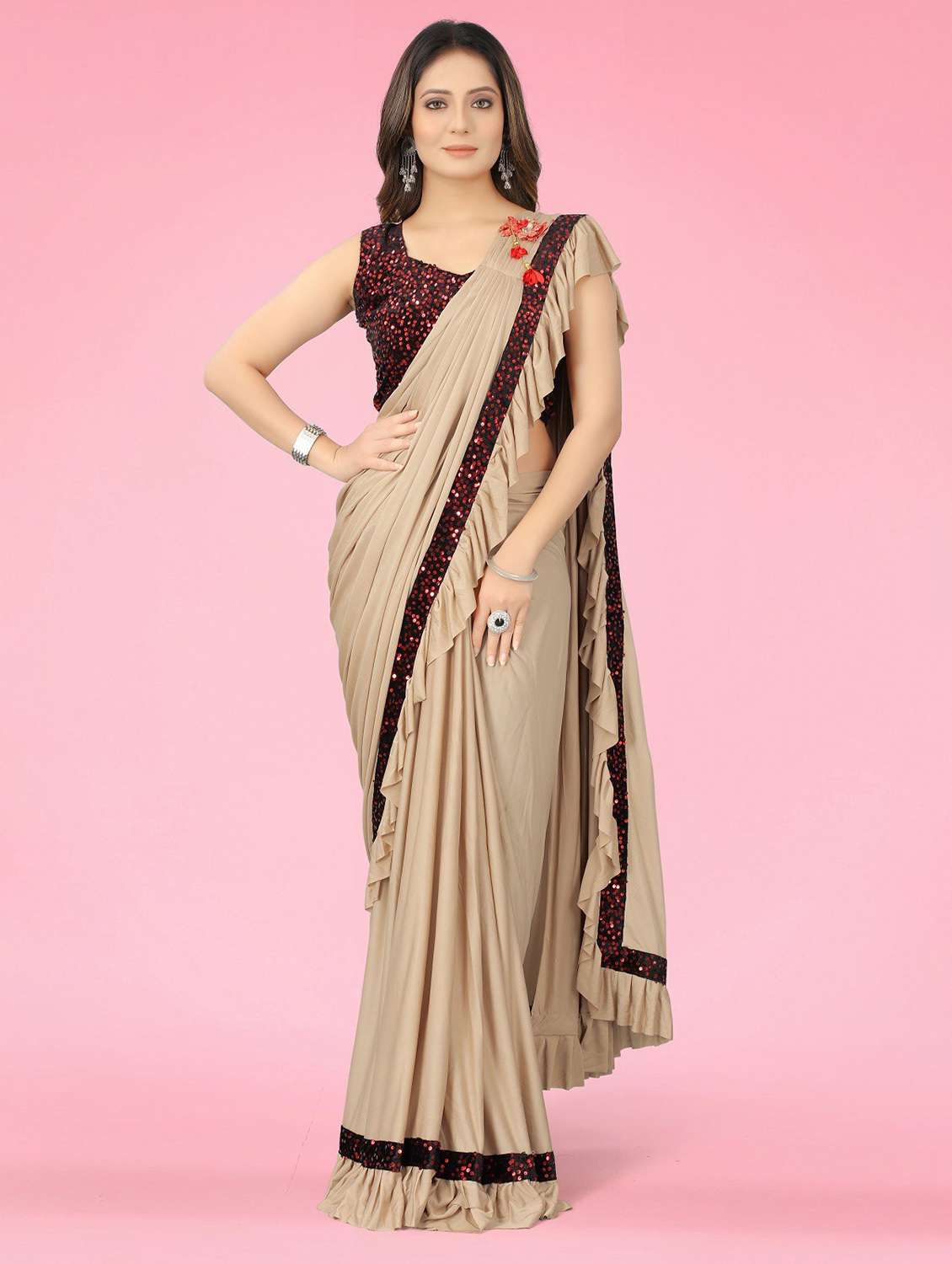 women solid with bordered ruffle saree with blouse