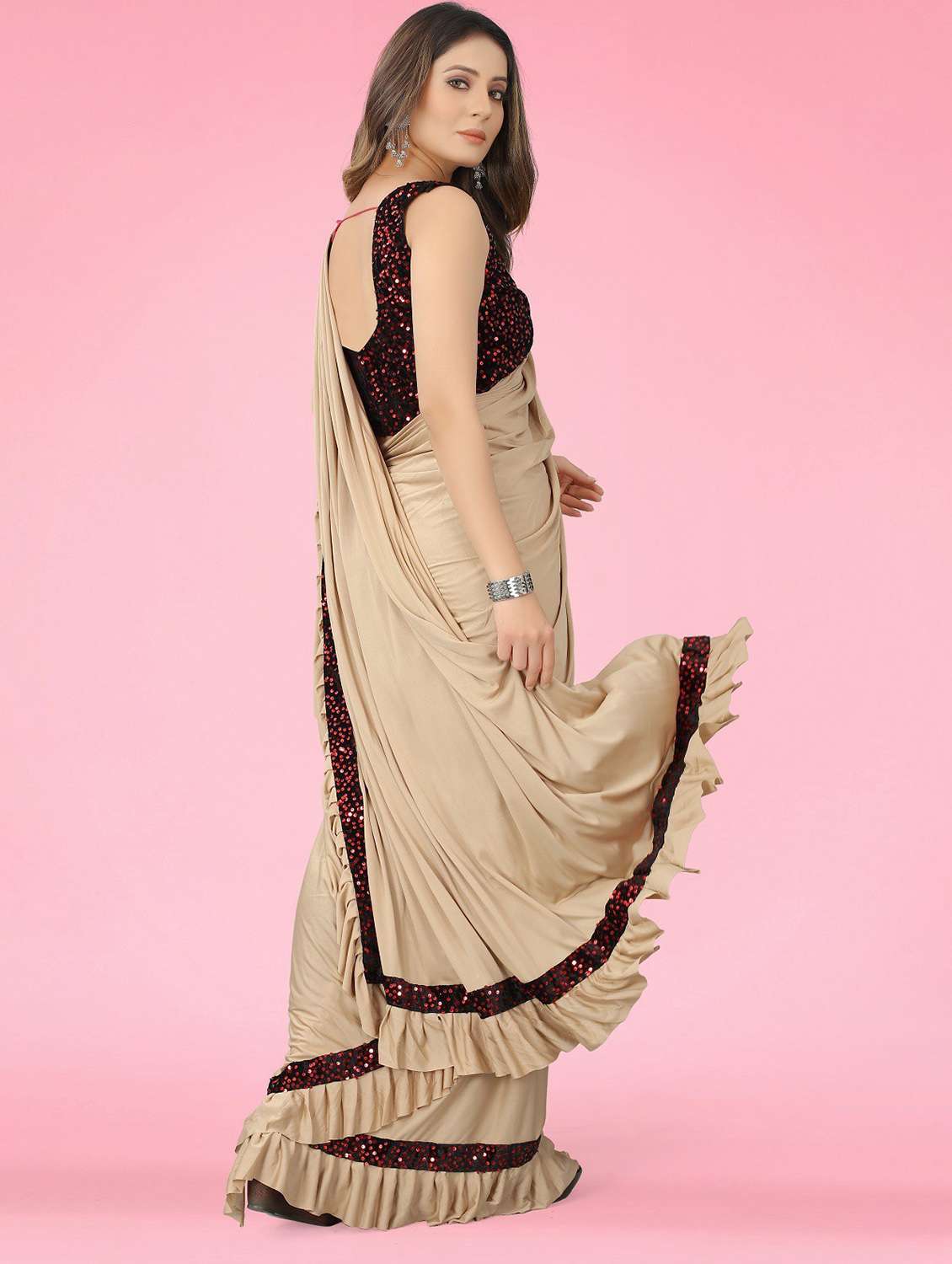 women solid with bordered ruffle saree with blouse - 21395649 -  Standard Image - 1