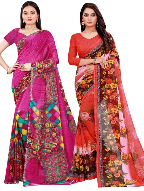 pack of 2 printed casual wear sarees with blouse - 21395896 - Standard Image - 0