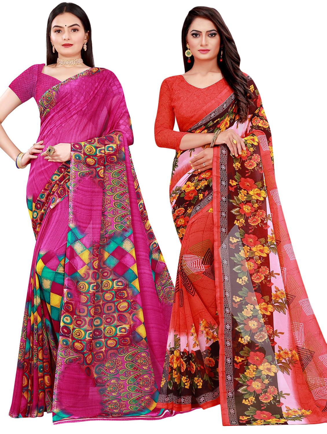 pack of 2 printed casual wear sarees with blouse - 21395896 - Zoom Image - 0
