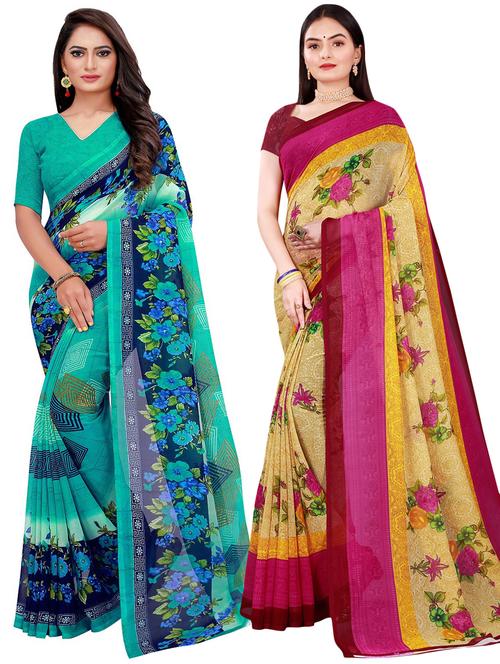 pack of 2 printed casual wear sarees with blouse - 21395924 -  Standard Image - 0