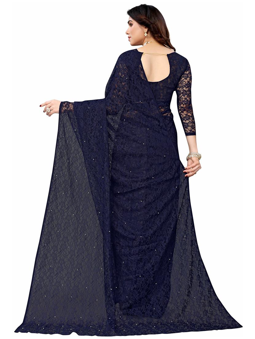 navy blue self design lace saree with blouse - 21396514 - Standard Image - 1