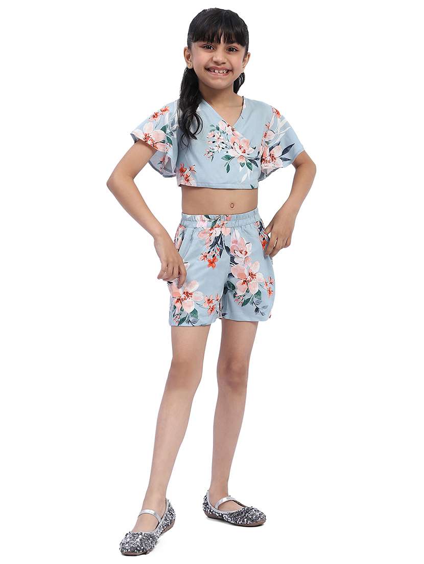 girls light blue cotton shorts set