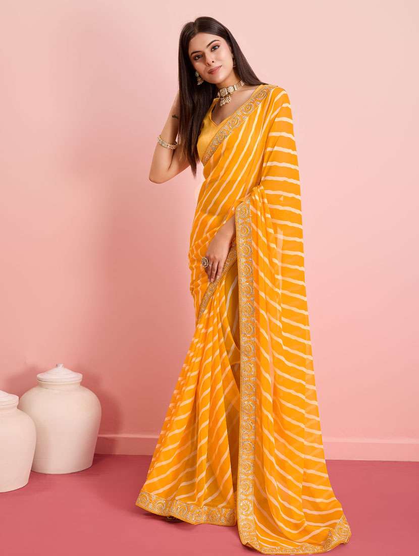 women yellow leheriya printed lace work saree with blouse