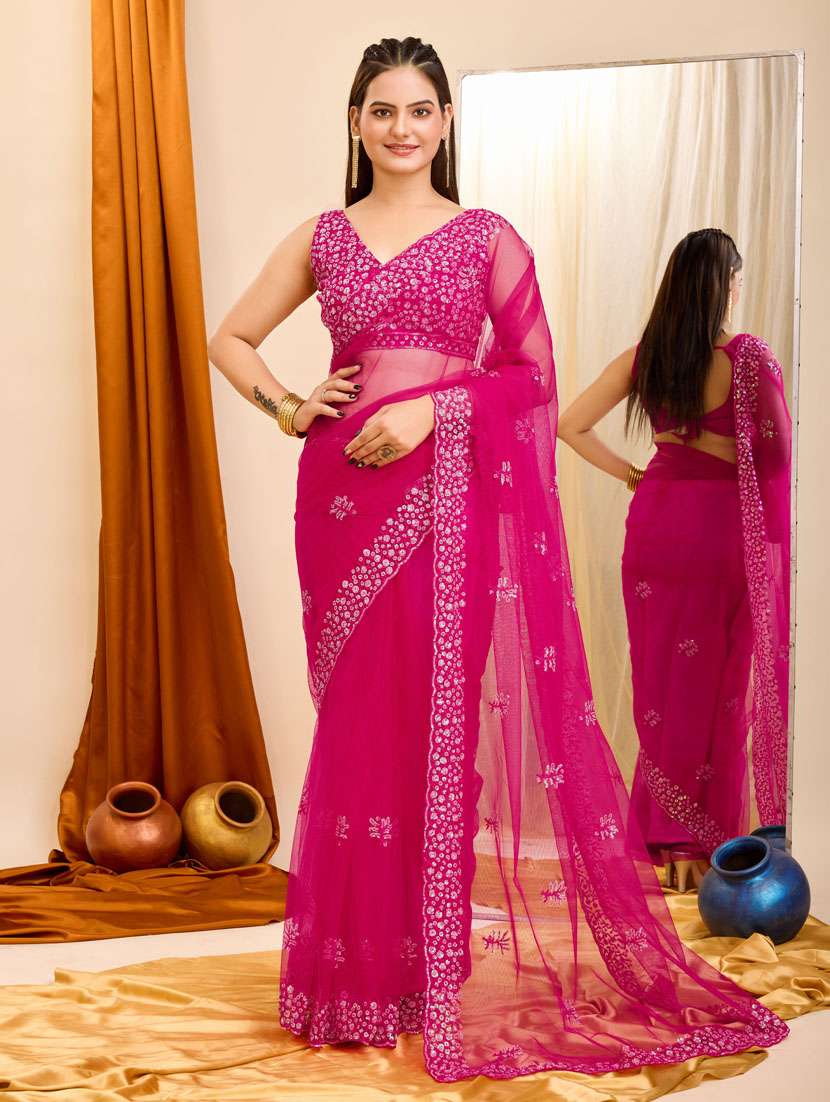 women pink embroidered saree with blouse