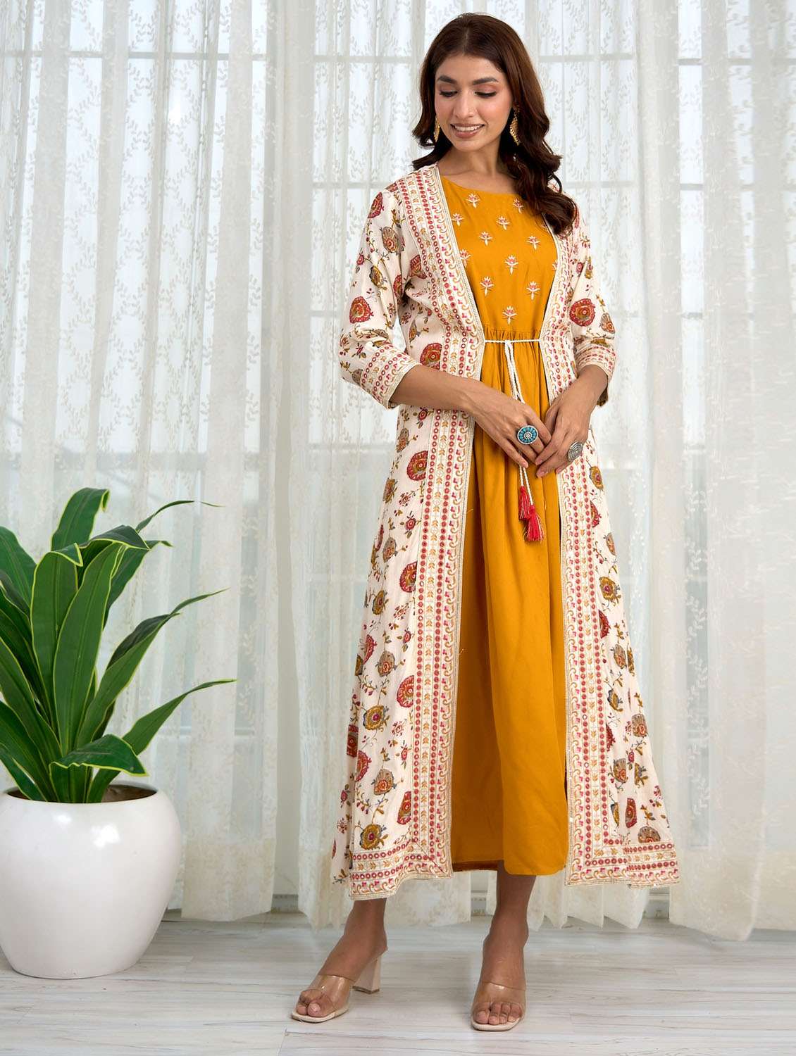 women mustard embroidered a-line dress - 21398736 -  Standard Image - 1