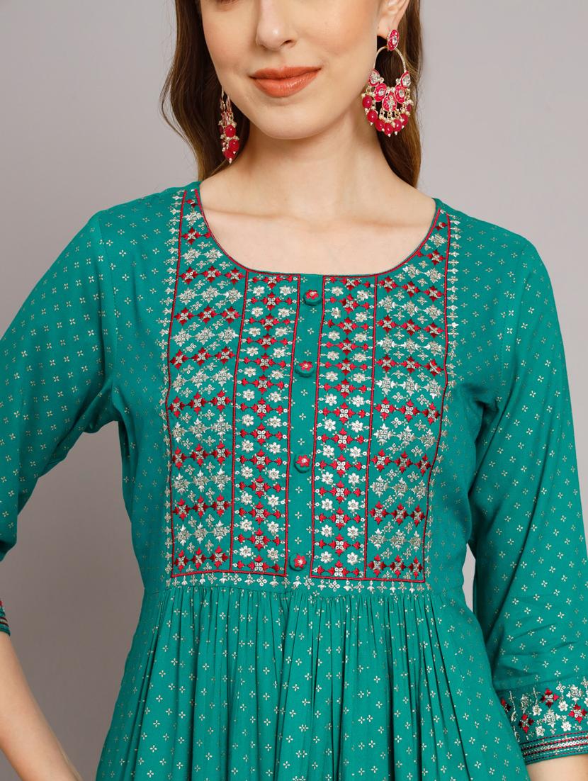 women turquoise printed kurta pant set - 21398861 - Standard Image - 4