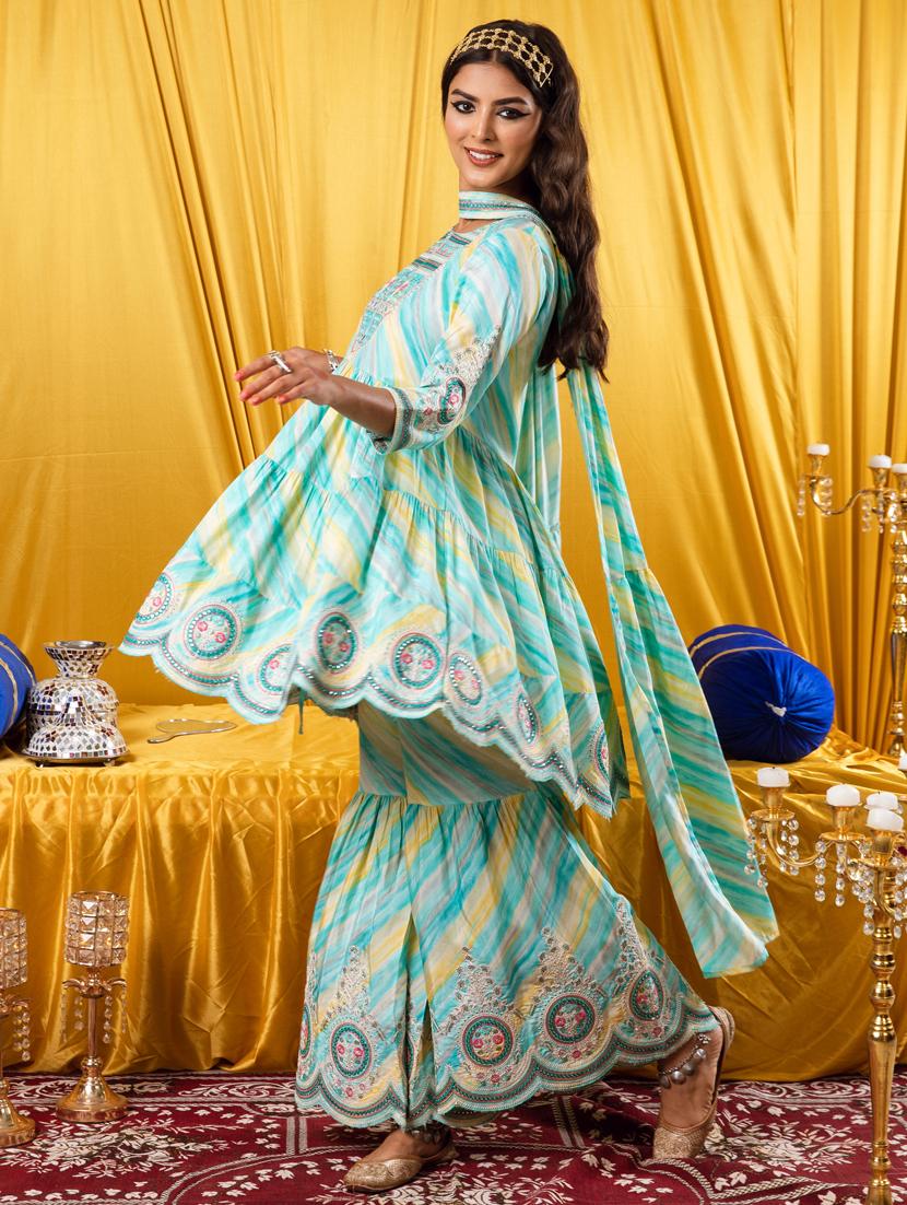 turquoise printed kurta sharara suit set - 21398879 - Standard Image - 1