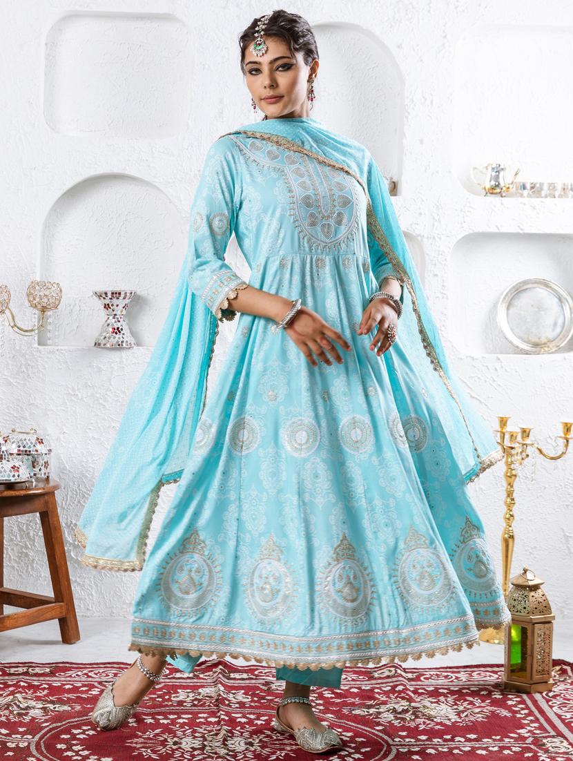 turquoise printed kurta pant suit set - 21398886 - Standard Image - 1