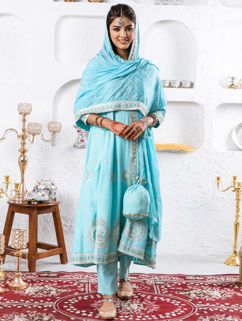 turquoise kurta pant set with dupatta  - 21398887 -  Standard Image - 1