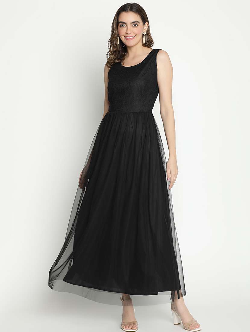 black polyester fit & flare dress