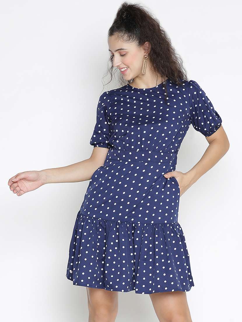 blue polyester tiered puff sleeves dress
