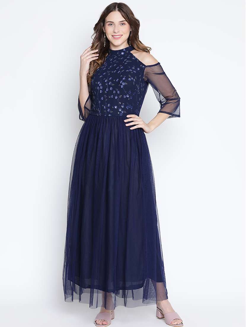 women navy blue embroidered cold shoulder dress