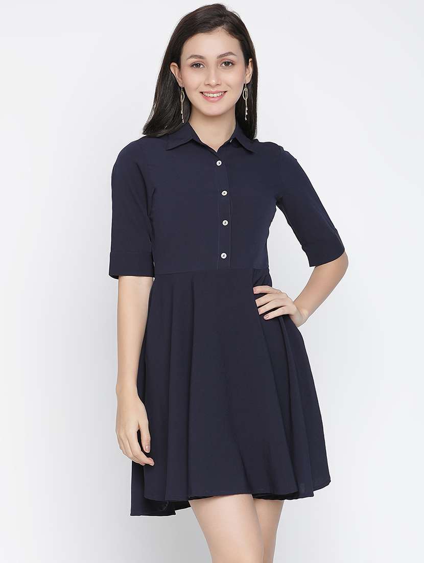 navy blue solid fit & flare dress