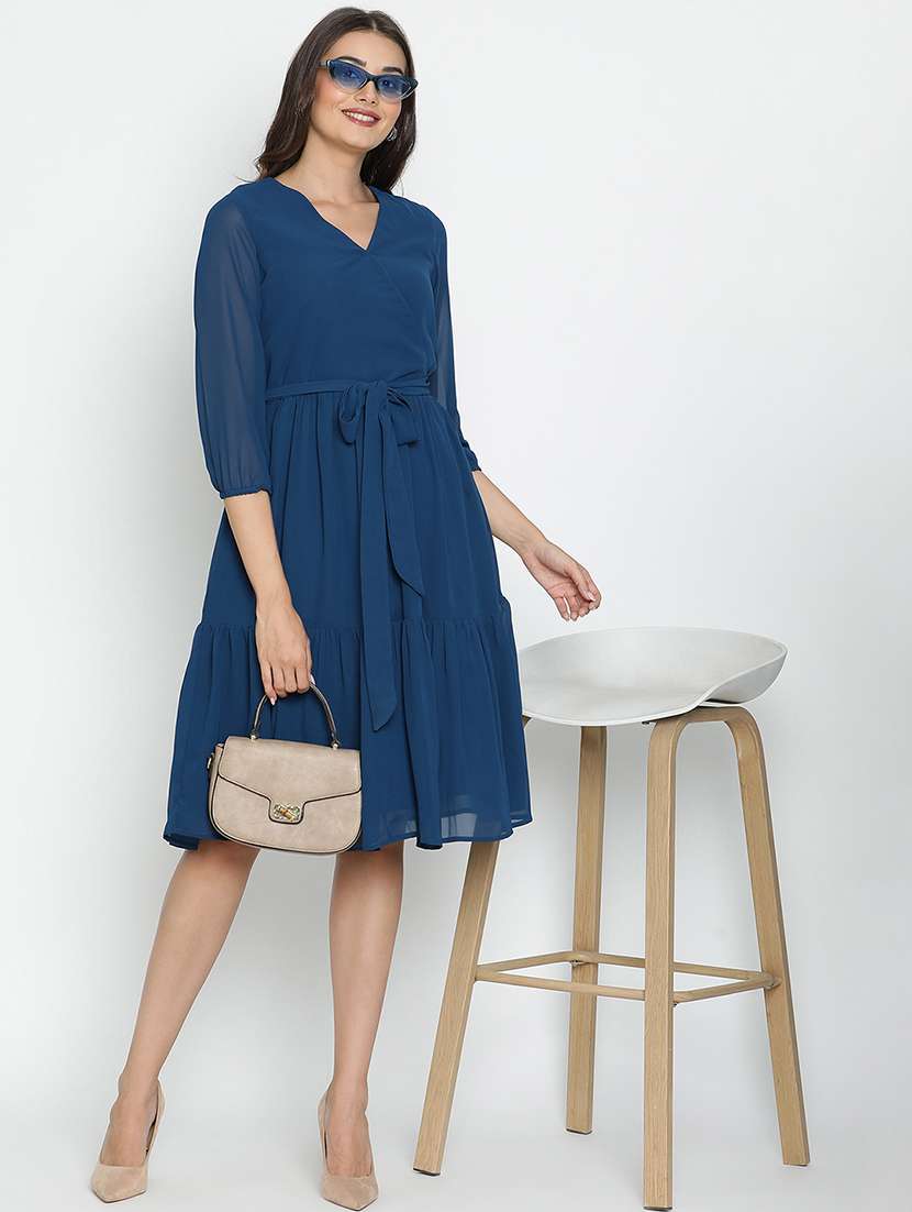 women solid overlap neck tiered dress - 21399339 -  Standard Image - 1