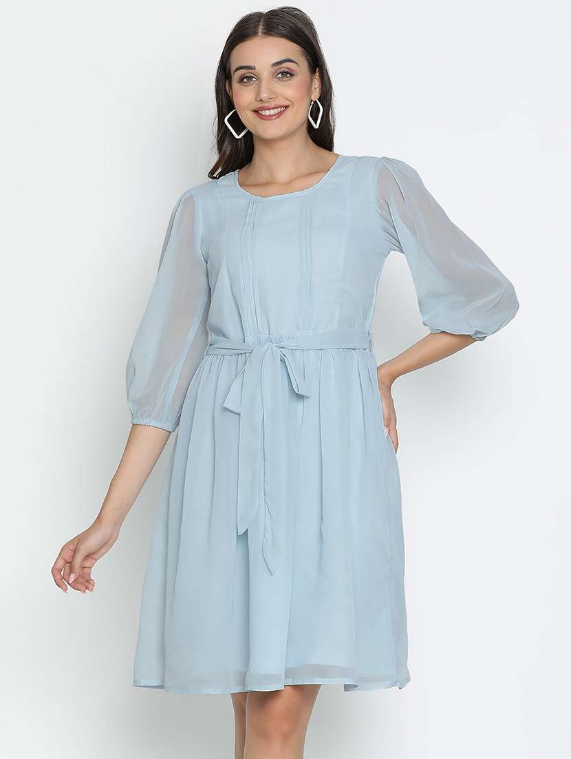 light blue polyester fit & flare dress