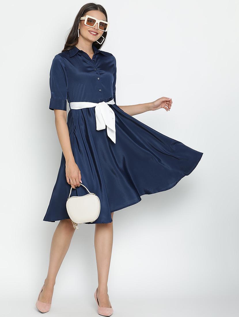 navy blue polyester fit & flare dress - 21399345 - Standard Image - 1