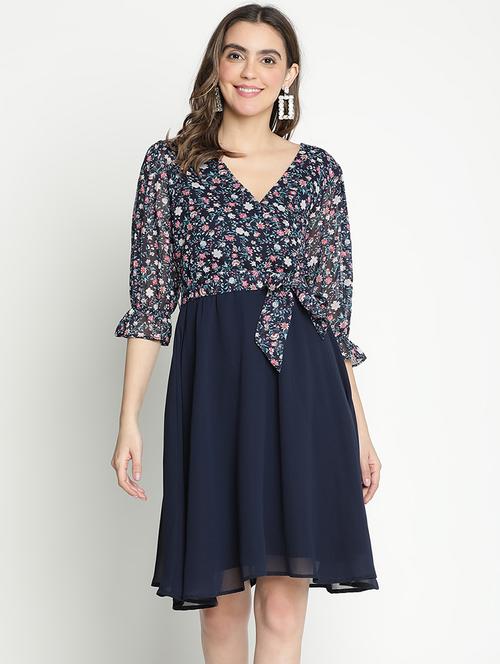 navy blue polyester fit & flare dress - 21399346 - Standard Image - 0