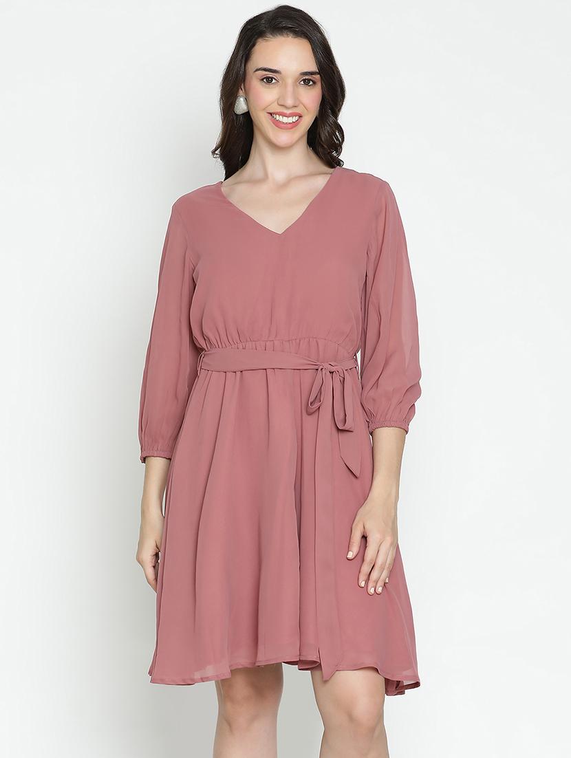 women pink polyester fit & flare dress
