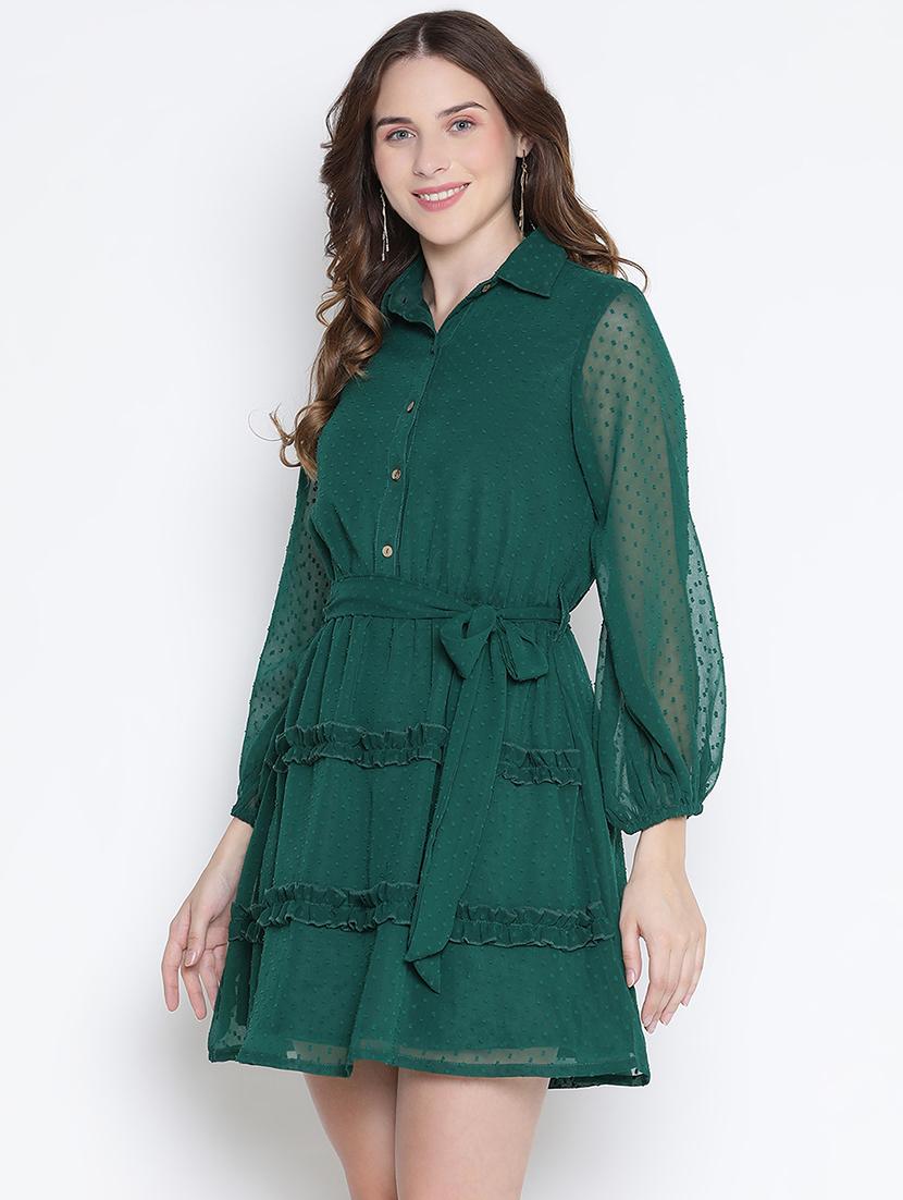 women bottle green polyester fit & flare dress - 21399364 - Standard Image - 1