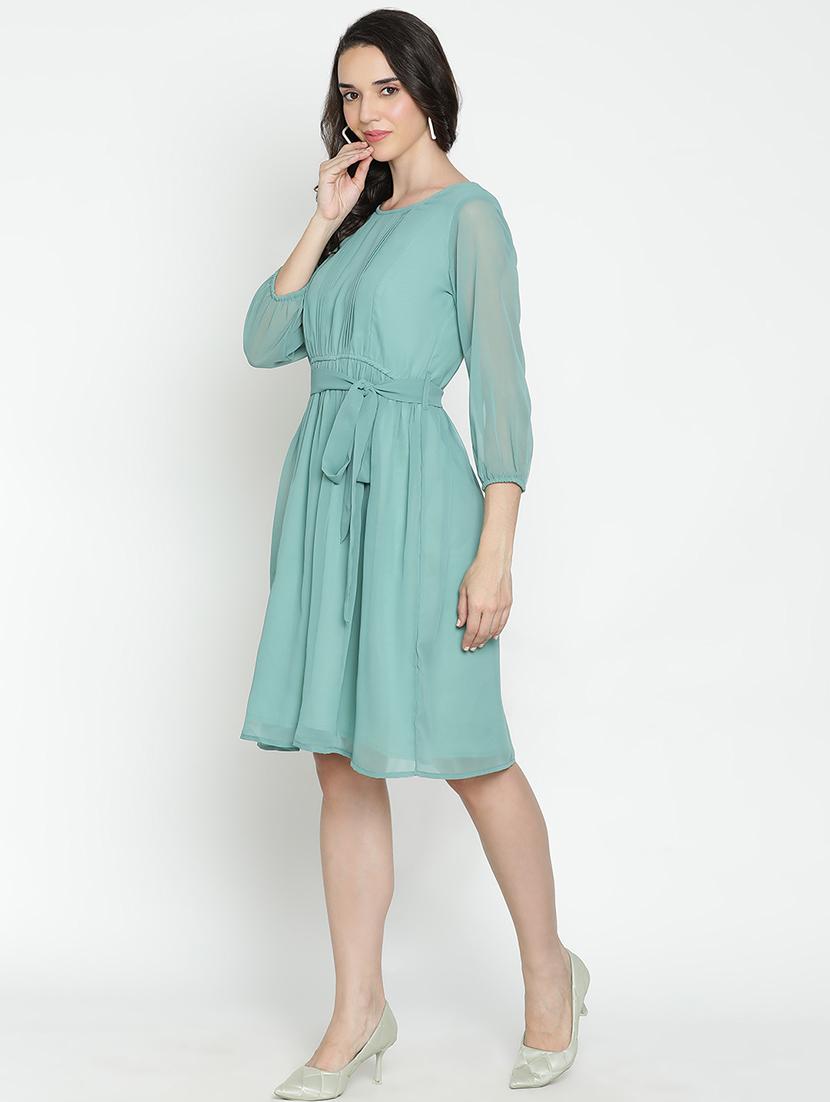green solid fit & flare dress - 21399375 - Standard Image - 1