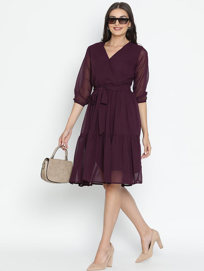 women burgundy polyester fit & flare dress - 21399384 - Standard Image - 1
