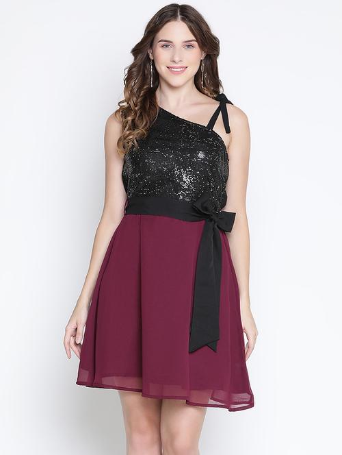 women sequin asymmetric neck fit & flare dress - 21399385 -  Standard Image - 0