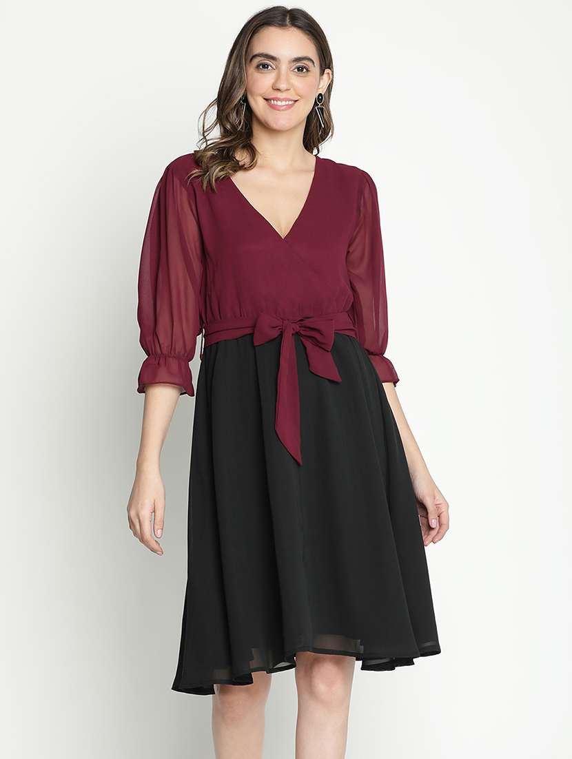 multicolored solid fit & flare dress