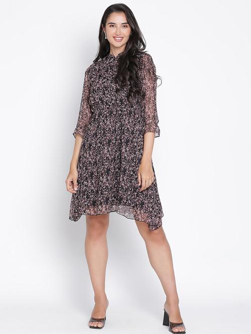 black printed fit & flare dress - 21399399 - Standard Image - 0