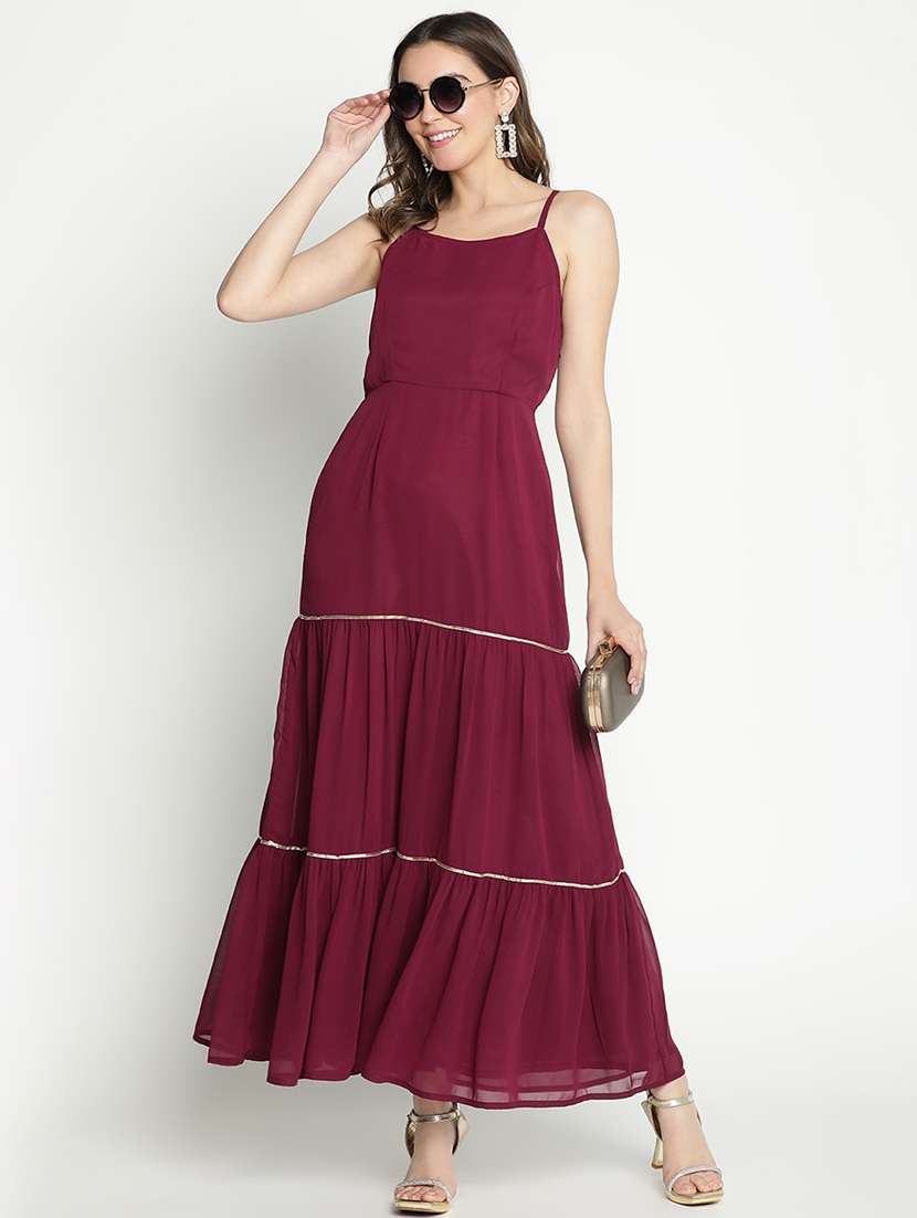 women maroon polyester fit & flare dress