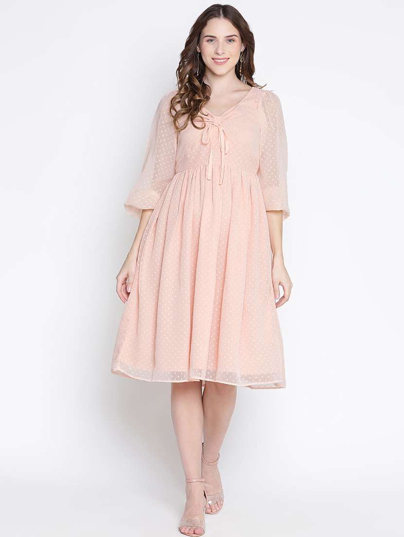 women peach polyester fit & flare dress