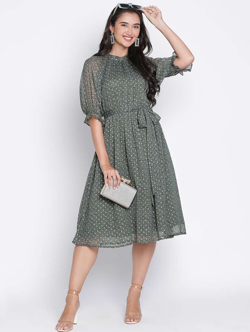 green printed fit & flare dress - 21399417 -  Standard Image - 1