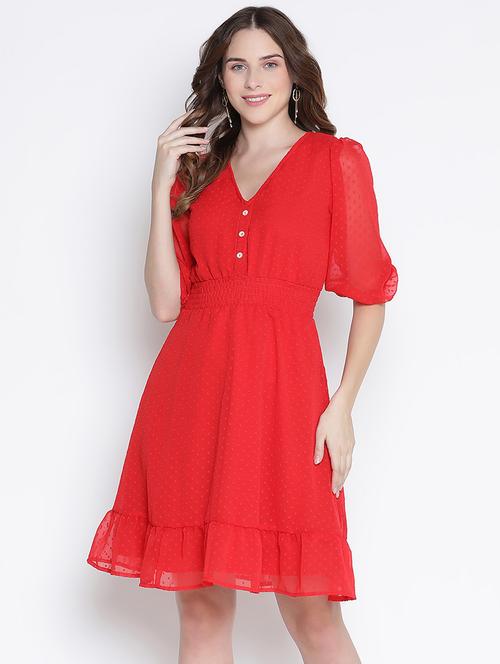 women red self design v neck tiered dress - 21399423 -  Standard Image - 0