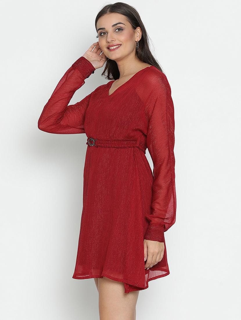 maroon solid fit & flare dress - 21399426 - Standard Image - 1